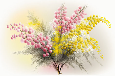 a bouquet of delicate mimosa flowers in shades of white, pink and yellow., created with generative aiの素材