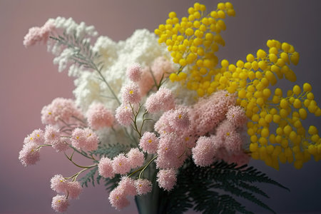 a bouquet of delicate mimosa flowers in shades of white, pink and yellow., created with generative aiの素材