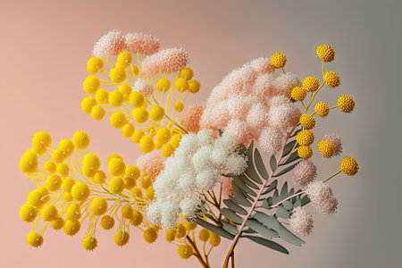 a bouquet of delicate mimosa flowers in shades of white, pink and yellow., created with generative aiの素材