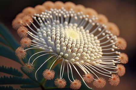 a close-up of a mimosa flower, with its delicate petals and intricate pattern., created with generative aiの素材