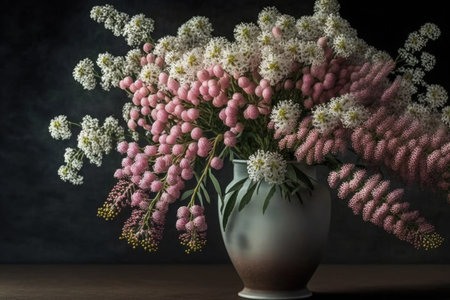 a beautiful bouquet of pink and white mimosa flowers, arranged in a vase., created with generative aiの素材
