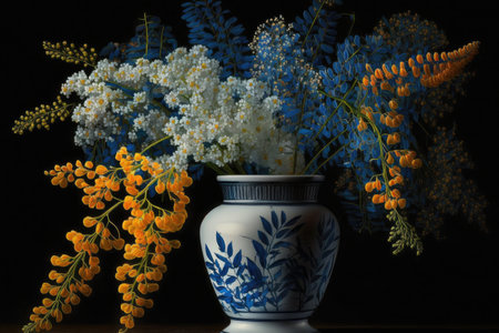 a bouquet of blue and white mimosa flowers arranged in a vase., created with generative aiの素材