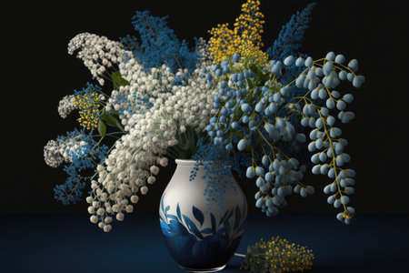 a bouquet of blue and white mimosa flowers arranged in a vase., created with generative aiの素材