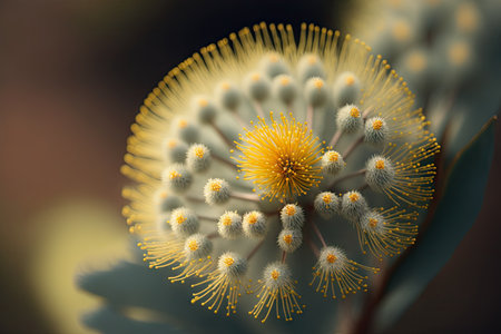 a close-up shot of a single delicate mimosa flower, with pollen dusting the petals., created with generative aiの素材