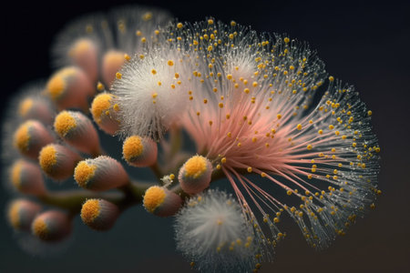 a close-up shot of a single delicate mimosa flower, with pollen dusting the petals., created with generative aiの素材