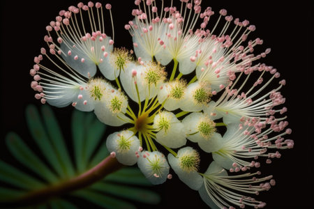 a close-up of a mimosa flower with its delicate white petals and pink centers., created with generative aiの素材