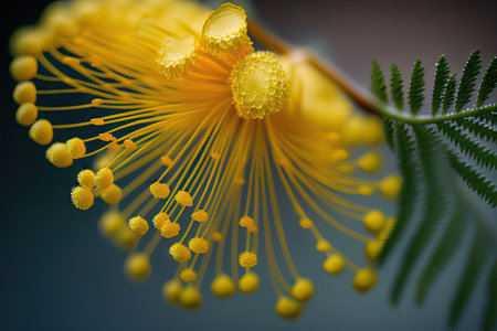 a close-up of a single yellow mimosa flower, with its delicate petals and sweet smell., created with generative aiの素材