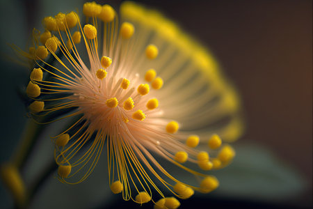 a close-up of a single yellow mimosa flower, with its delicate petals and sweet smell., created with generative aiの素材