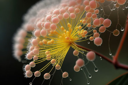 a close-up of a single mimosa blossom, with its delicate petals and dewy texture., created with generative aiの素材