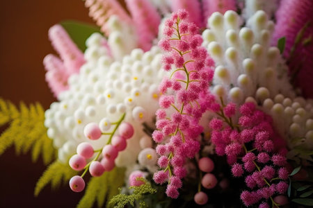 a vibrant bouquet of fresh mimosa blooms in shades of pink and white., created with generative aiの素材