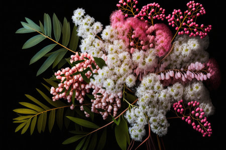 a vibrant bouquet of fresh mimosa blooms in shades of pink and white., created with generative aiの素材