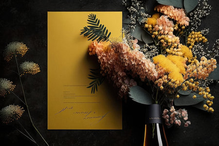 a bouquet of mimosa flowers in different shades and textures, with a handwritten happy birthday note attached., created with generative aiの素材