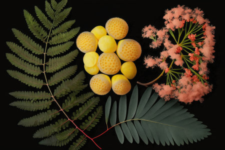 a combination of different varieties of mimosa flowers, in various stages of bloom and leaf growth, created with generative aiの素材