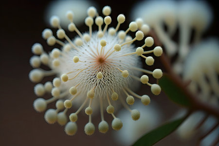 a close-up of a delicate, creamy white mimosa flower, created with generative aiの素材