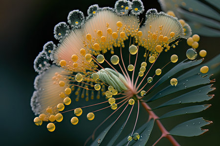 a close-up of a delicate mimosa flower with dew drops on its petals., created with generative aiの素材