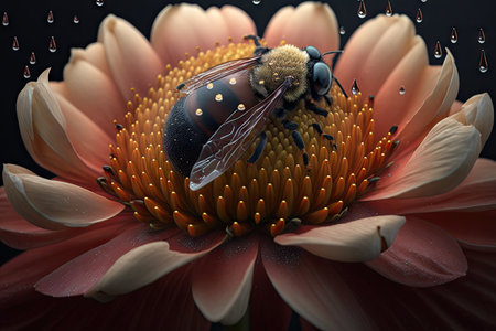 a close-up of a single bloom, with dew drops on the petals and a bee hovering nearby., created with generative aiの素材