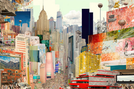 huge city with modern art collage in form of colorful images on walls, created with generative aiの素材