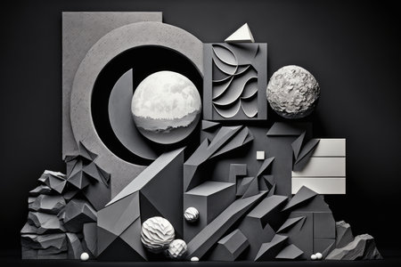 modern art collage made of stone and paper elements on dark background, created with generative aiの素材