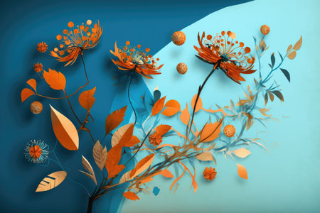 orange abstract flowers in blue background of modern art collage, created with generative aiの素材
