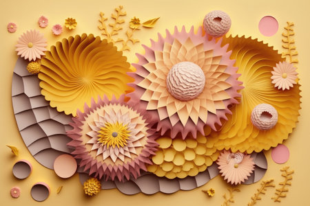 yellow pink volumetric installations with flower patterns modern art collage, created with generative aiの素材