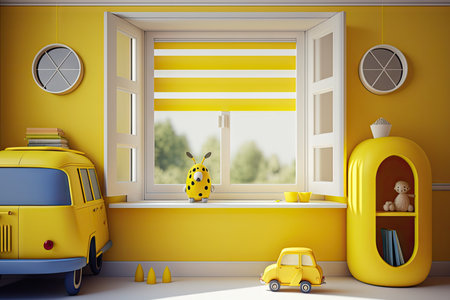 bright yellow modern child room with toys on windowsill, created with generative aiの素材