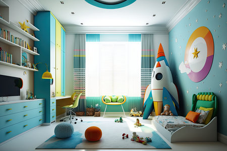 bright modern childrens room with toys and childrens furniture, created with generative aiの素材