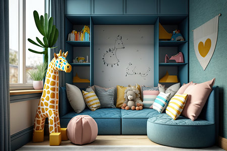 comfortable kids corner in modern child room with sofa and childrens toys, created with generative aiの素材