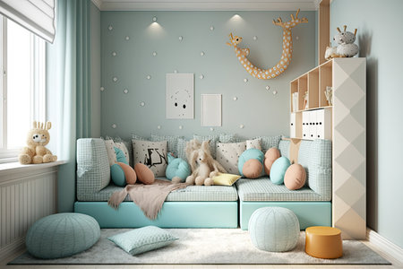 comfortable kids corner in modern child room with sofa and childrens toys, created with generative aiの素材