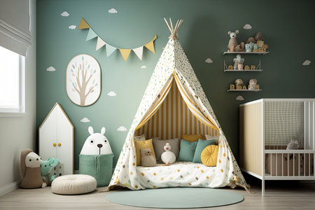 baby bedroom with comfortable bed in modern child room, created with generative aiの素材
