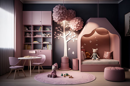 childrens room with modern kids furniture in dark pink tones, created with generative aiの素材