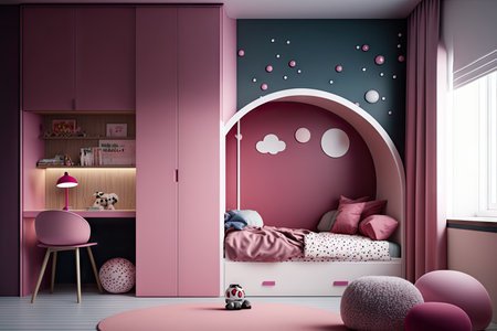 childrens room with modern kids furniture in dark pink tones, created with generative aiの素材