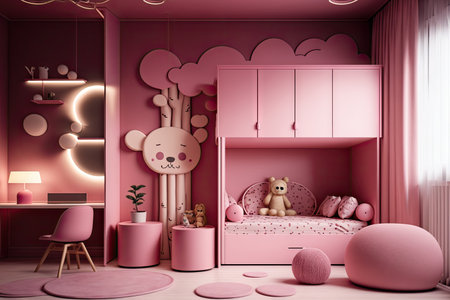 childrens room with modern kids furniture in dark pink tones, created with generative aiの素材