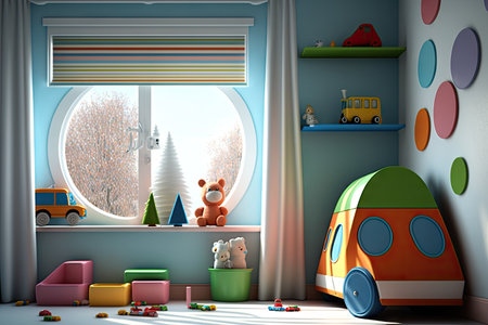 bright modern child room with toys on wall and window, created with generative aiの素材