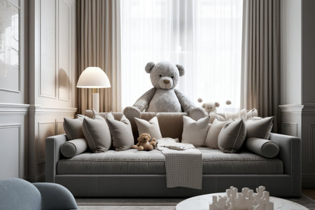 cozy modern child room with soft sofa and teddy bear, created with generative aiの素材