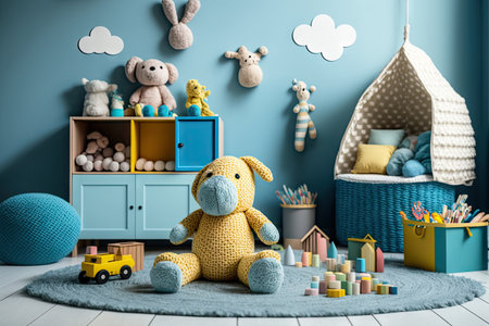 little modern child room with toys and dolls sitting on floor, created with generative aiの素材
