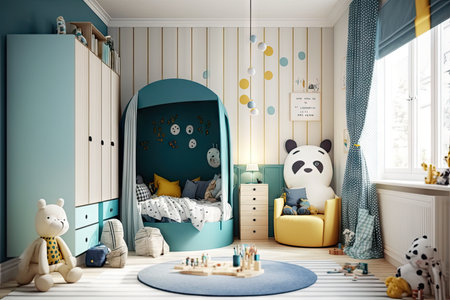 bright modern childrens room with beautiful childrens furniture and toys, created with generative aiの素材