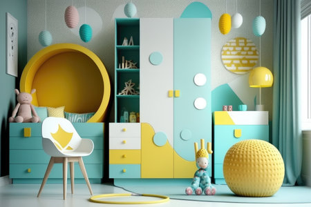 bright modern childrens room with beautiful childrens furniture and toys, created with generative aiの素材