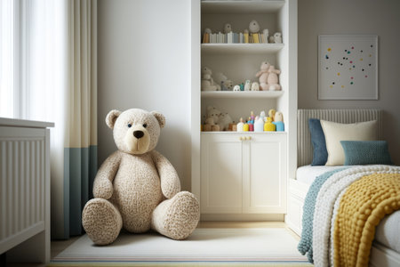 modern child room in soft neutral colors with multicolored teddy bear, created with generative aiの素材
