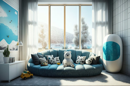 childrens modern room with large windows and soft fluffy sofa, created with generative aiの素材
