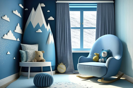 blue modern child room with soft armchair, decorated wall and table, created with generative aiの素材