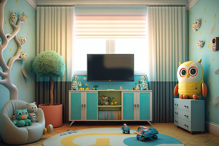 childrens modern nursery with toys and tv in child room, created with generative aiの素材