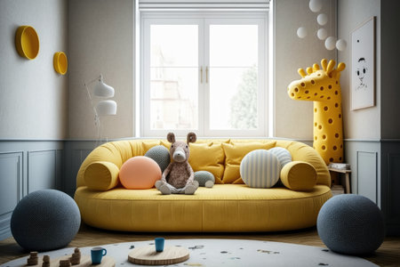 bright modern child room with large yellow sofa and toys, created with generative aiの素材