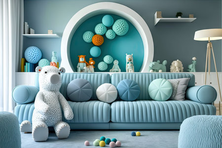 light blue modern child room with large soft sofa, stylish decor and toys, created with generative aiの素材