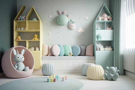 baby modern childrens room in pastel tones with toys, created with generative aiの素材