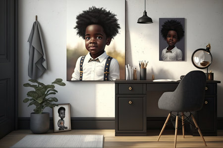 cute black boy in modern child room, created with generative aiの素材