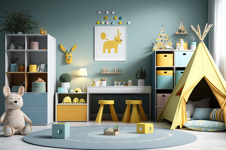 bright modern child room with childrens toys, accessories and furniture, created with generative aiの素材