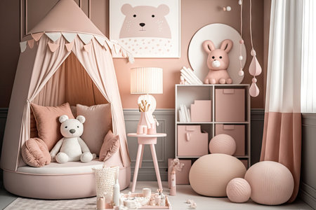 modern child room in soft pink tones with toys and books, created with generative aiの素材