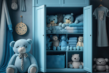 modern child room in light blue tones with toys, glasses and clothes, created with generative aiの素材