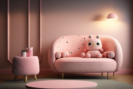soft pink sofa in modern childrens bedroom background digital illustration, created with generative aiの素材