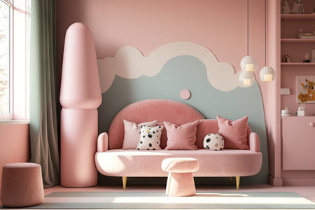 soft pink sofa in modern childrens bedroom background digital illustration, created with generative aiの素材